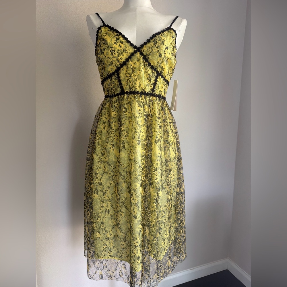 Aqua Yellow and Black Floral Midi Dress